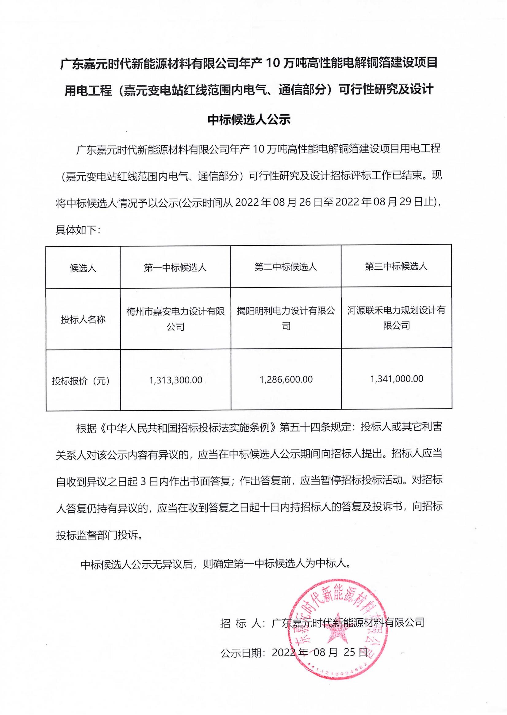 广东Z6尊龙凯时时代新能源材料有限公司年产10万吨高性能电解铜箔建设项目用电工程（Z6尊龙凯时变电站红线范围内电气、通信部分）可行性研究及设计中标候选人公示_00.jpg
